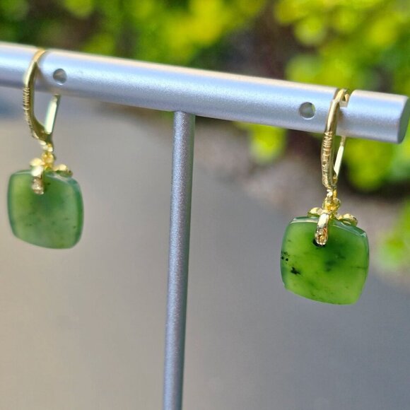 Dynasty Jade ✦ Nephrite Jade Drop Earrings ✦ 18k Gold Over Sterling Silver NWT - Picture 6 of 17